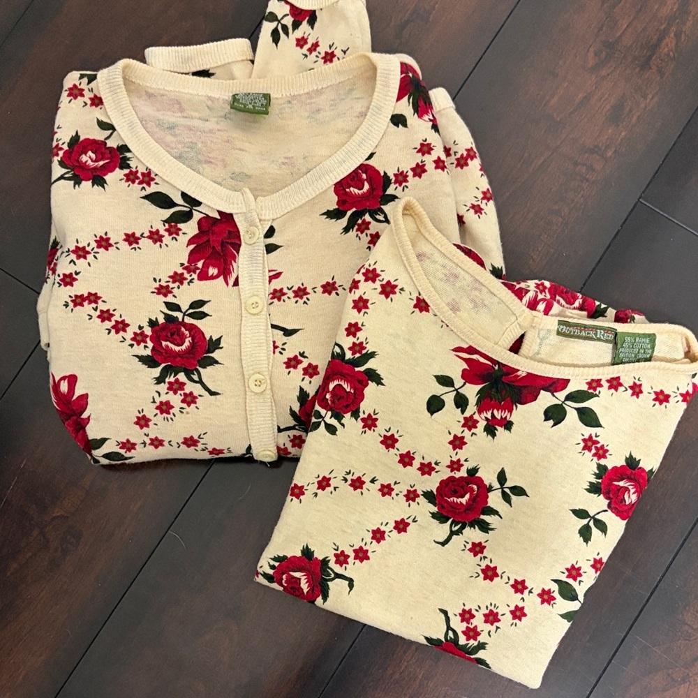 Vintage Outback Red Button Up Cardigan & Sleeveless Set - Red and Cream Roses